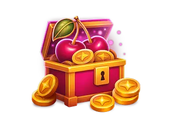 Cerises posées sur un coffre au trésor, visuel de l'offre d'accueil slots